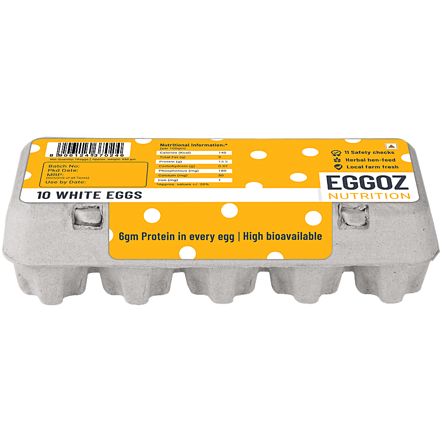 Eggoz White Farm Fresh Eggs, Omega 3 Rich With No Ddgs, Hormone & Steroids, 10 Pcs