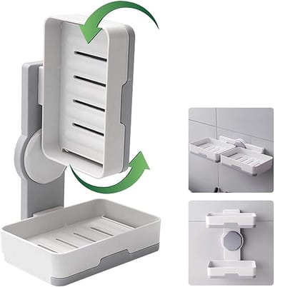 Plastic Wall Mounted Double Layers Soap Dish Saver with Drain Tray, Adhesive Sponge Holder No-Drilling Soap Holder for Shower Bathroom Kitchen - Multicolour