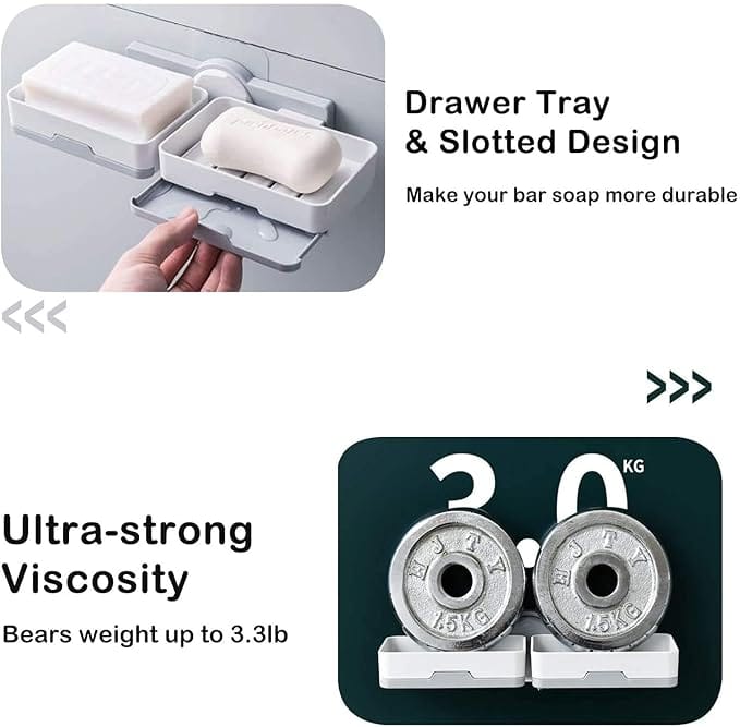 Plastic Wall Mounted Double Layers Soap Dish Saver with Drain Tray, Adhesive Sponge Holder No-Drilling Soap Holder for Shower Bathroom Kitchen - Multicolour