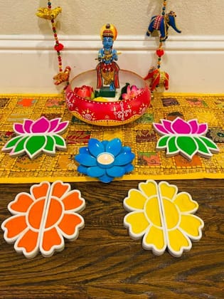 Floating Rangoli Making Kit – 3D Lotus Design with Foam Base & White Outlines | Reusable DIY Island Rangoli