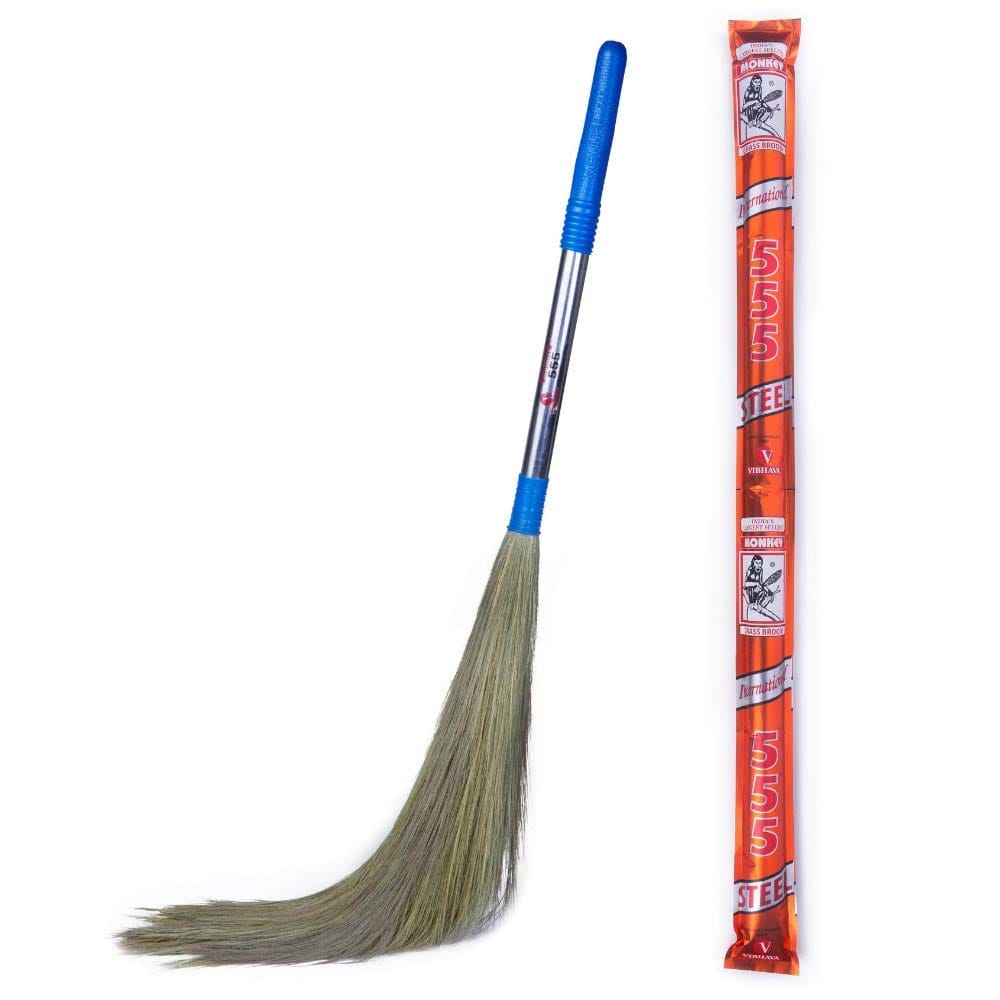 Monkey 555 International Steel Handle Grass Broom For Sweeping Floor Removes Fine Dust, Premium & Tall Garo, Hill Grass Super Strong Durable And Long, Lasting Grass Broom