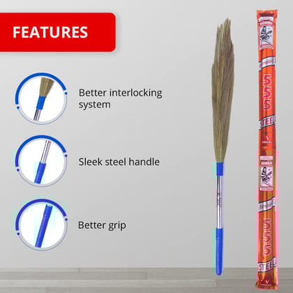 Monkey 555 International Steel Handle Grass Broom For Sweeping Floor Removes Fine Dust, Premium & Tall Garo, Hill Grass Super Strong Durable And Long, Lasting Grass Broom