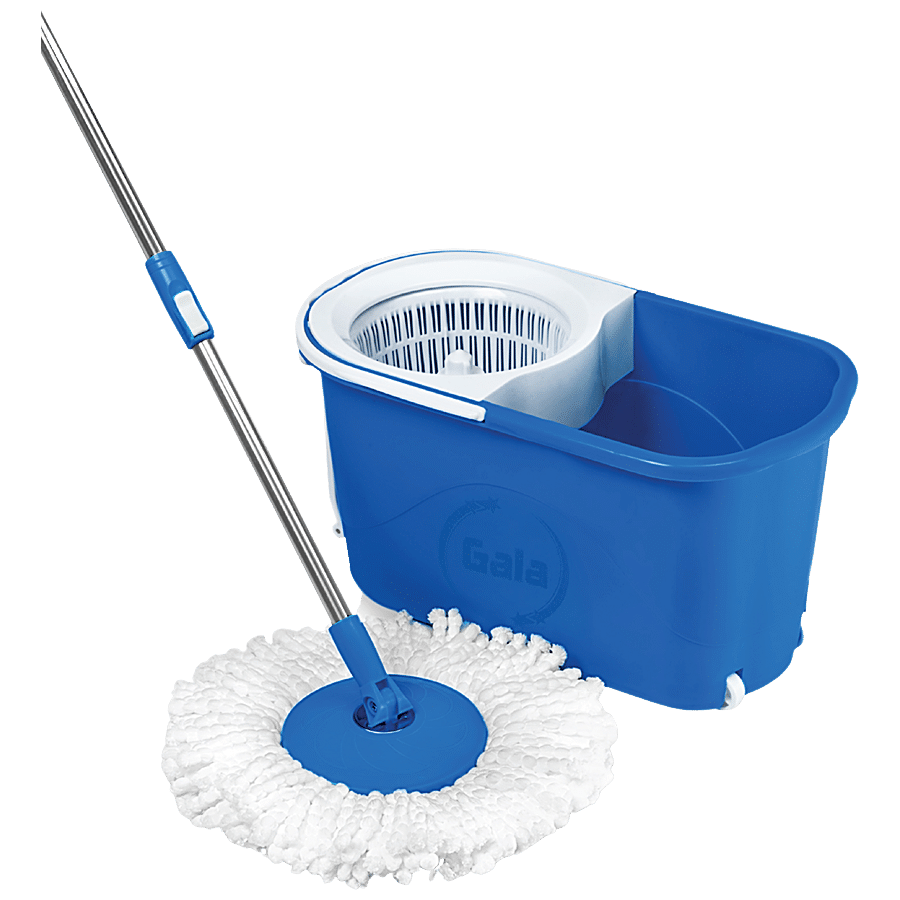 Gala Spin Mop With Twin Bucket, Plastic & Microfibre, With Rod, 5.3 Ft, Blue & White, 1 Pc