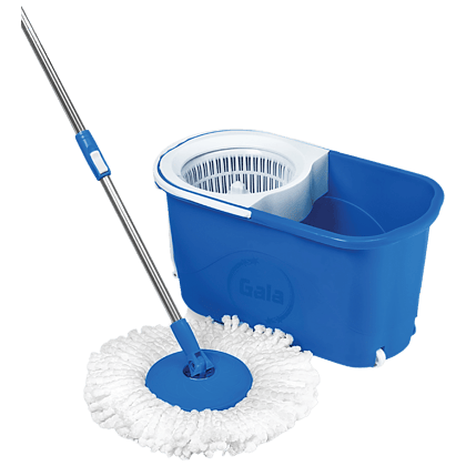 Gala Spin Mop With Twin Bucket, Plastic & Microfibre, With Rod, 5.3 Ft, Blue & White, 1 Pc
