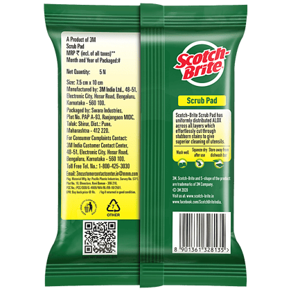 Scotch brite Scrub Pad, Scrubber for Utensil Cleaning, 5 pcs (Pack of 5)