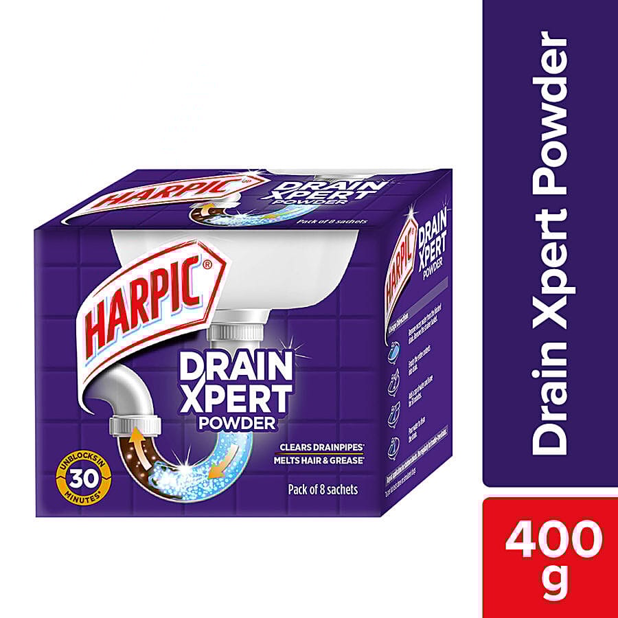 Harpic Drain Xpert Drain Cleaning Powder, Removes Blockages In 30 Mins, For Washbasins, Sinks, Bathrooms, 50 G (Pack Of 8)