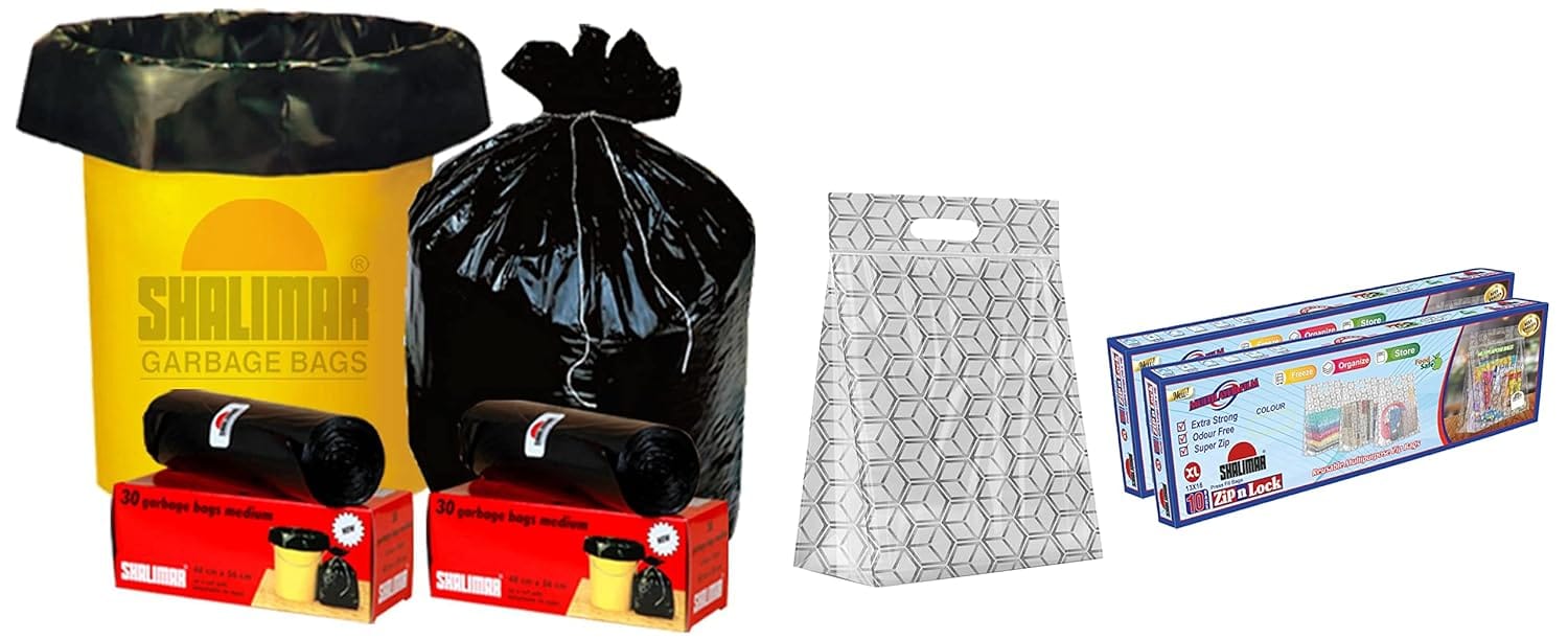 Shalimar Premium Oxo, Biodegradable Garbage Bags Medium 180 Bags, 6 Rolls & Zip 'N' Lock Bag With Slider Reusable (Small, Pack Of, 3, 45 Bags)