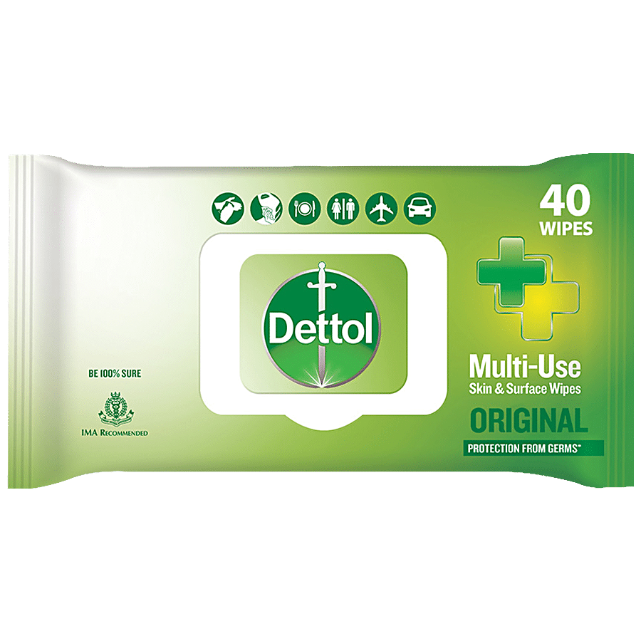 Dettol Disinfectant Sanitizer Wet Wipes, For Skin & Surfaces, Moisture Lock, Original, 40 Pcs