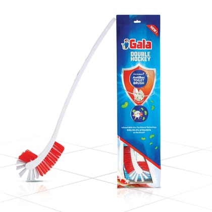 Gala Antibac Double Hockey Antibacteria Toilet Brush, Toilet Brush For Western And Indian Toilet, Bathroom Brush (White And Red, Pack Of 1)