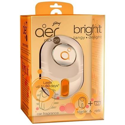 Godrej Aer Car Vent Air Freshener Kit, Click Gel, Bright Tangy Delight, Spill Proof, Lasts 60 Days, 10 G (Starter + Refill)