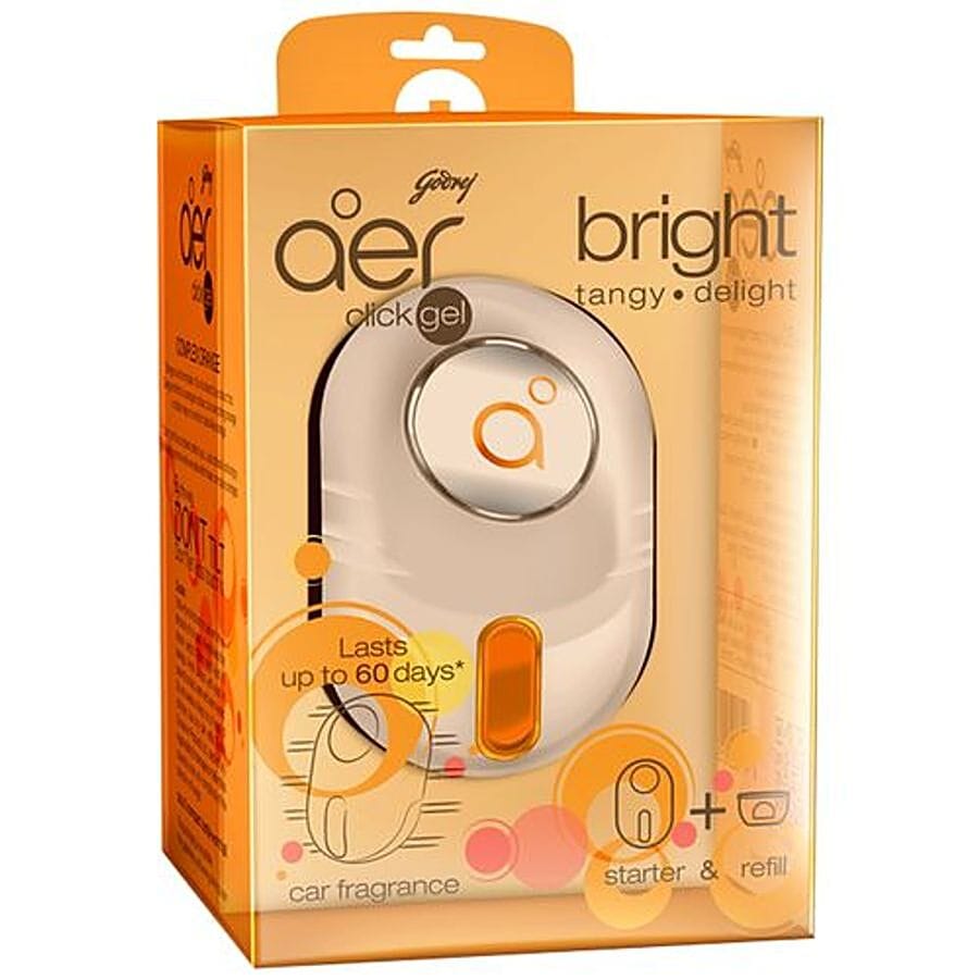 Godrej Aer Car Vent Air Freshener Kit, Click Gel, Bright Tangy Delight, Spill Proof, Lasts 60 Days, 10 G (Starter + Refill)