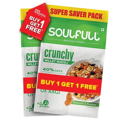 Tata Soulfull Crunchy Millet Muesli, Made With Oats & Ragi, Breakfast Cereal, Almonds, Raisins, 700 G (Buy 1 Get 1 Free)