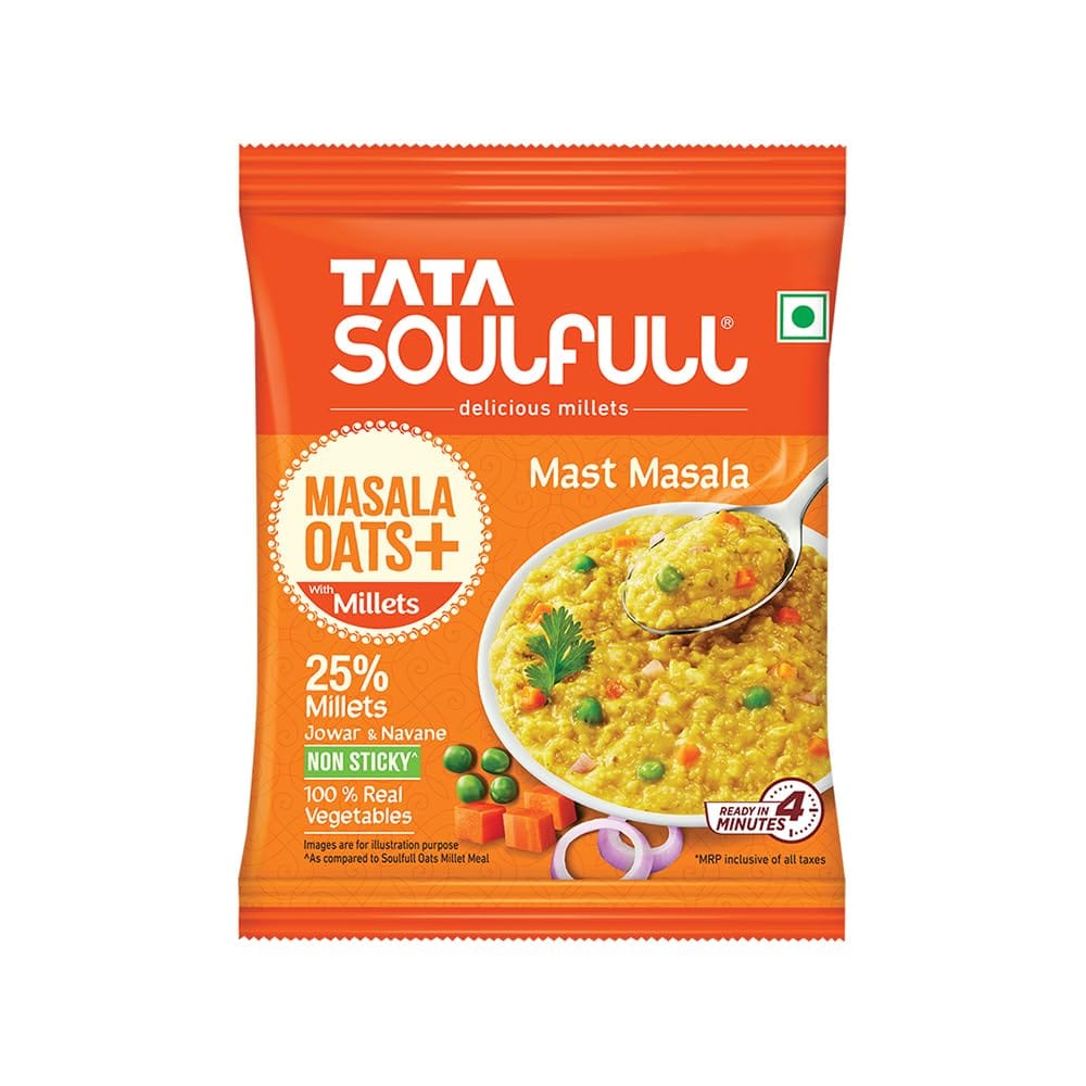 Tata Soulfull Masala Oats+ With Millets, Mast Masala, Real Vegetables, 25% Millets, Non Sticky, Evening Snack, Healthy Snack, 33G /, 35G (Weight May Vary)