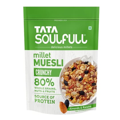 Tata Soulfull Millet Muesli, Crunchy, 500G, 80% Whole Grains, Nuts & Fruits Breakfast Cereal, Almonds & Raisins, Source Of Protein