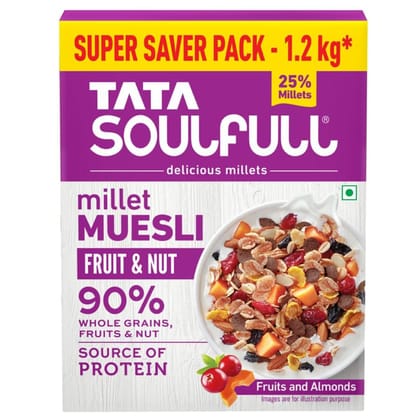 Tata Soulfull Millet Muesli, Fruit & Nut, 1.2Kg, 25% Delicious Millets, 90% Whole Grains Breakfast Cereal, Real Fruits & Almonds, High In Fibre, Source Of Protein