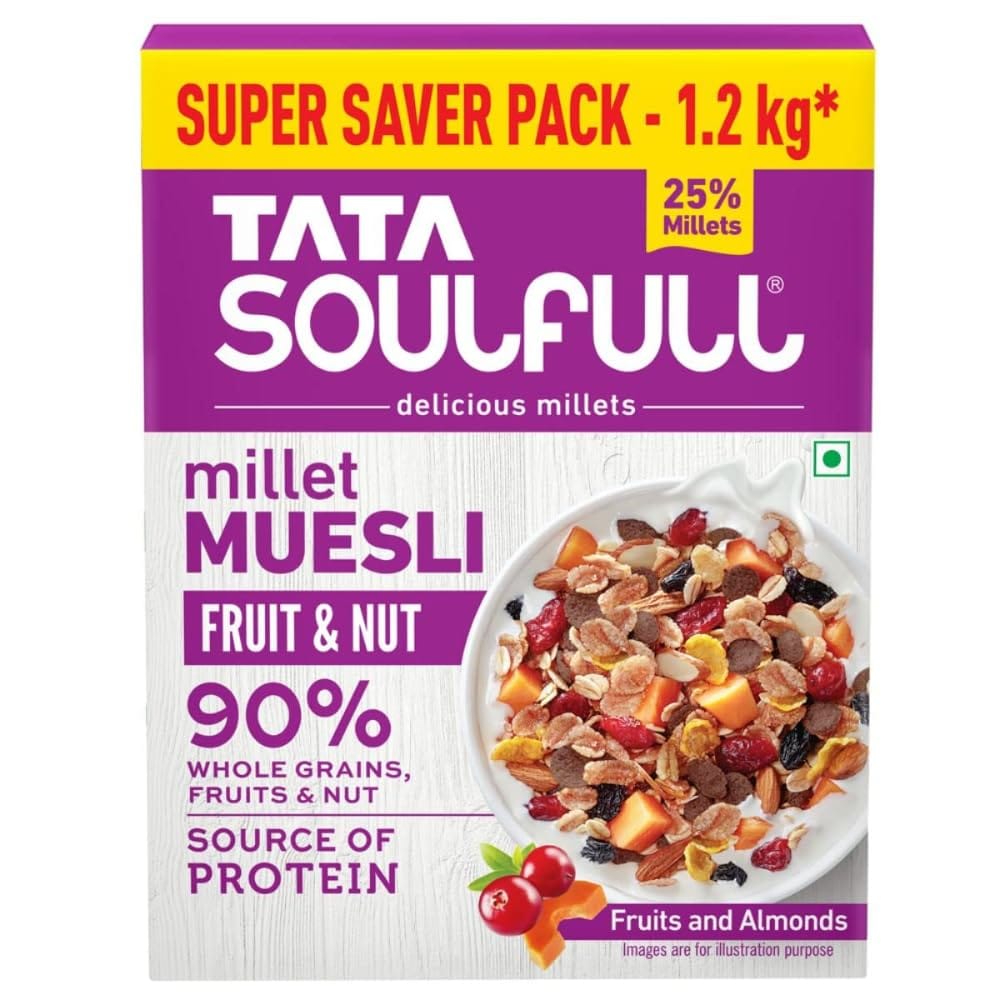 Tata Soulfull Millet Muesli, Fruit & Nut, 1.2Kg, 25% Delicious Millets, 90% Whole Grains Breakfast Cereal, Real Fruits & Almonds, High In Fibre, Source Of Protein