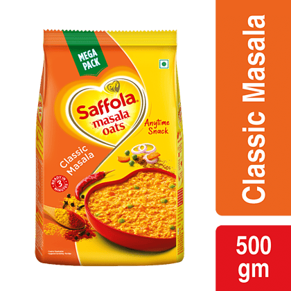 Saffola Masala Oats, Classic Masala, Fibre Rich, Healthy Snack, 500 G Saffola Masala Oats, Classic Masala, Fibre Rich, Healthy Snack, 500 G
