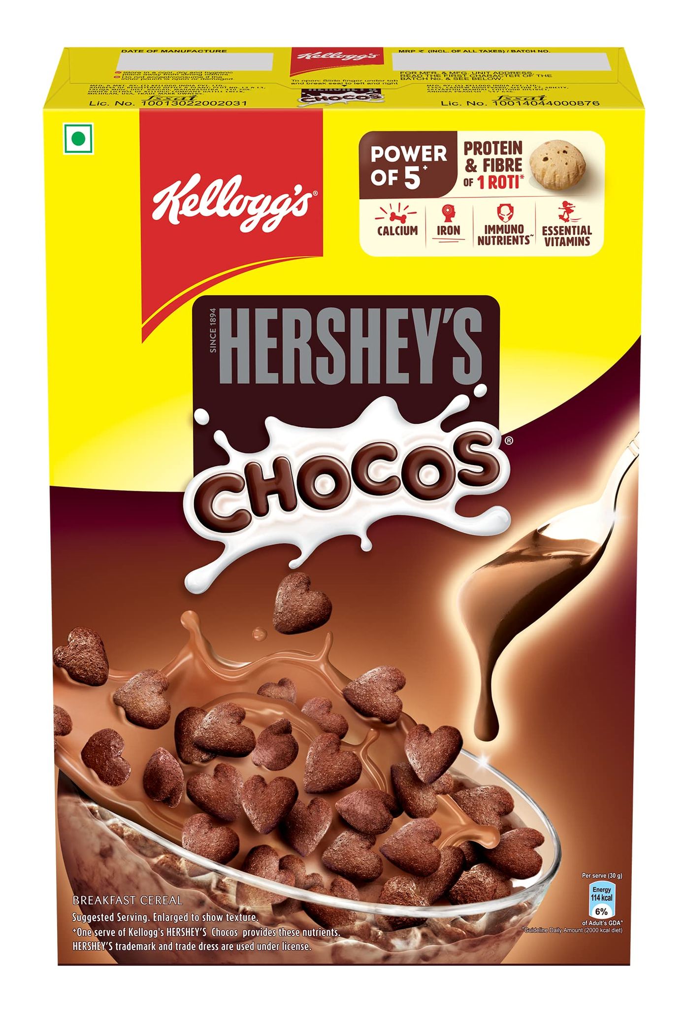 Kellogg’S New Kelloggs Hersheys Chocos, 325G With Power Of 5+, Protein & Fibre Of 1 Roti*, High In Calcium & Iron, Immuno Nutrients**, Essential Vitamins, Chocolatey Breakfast Cereal For Kids
