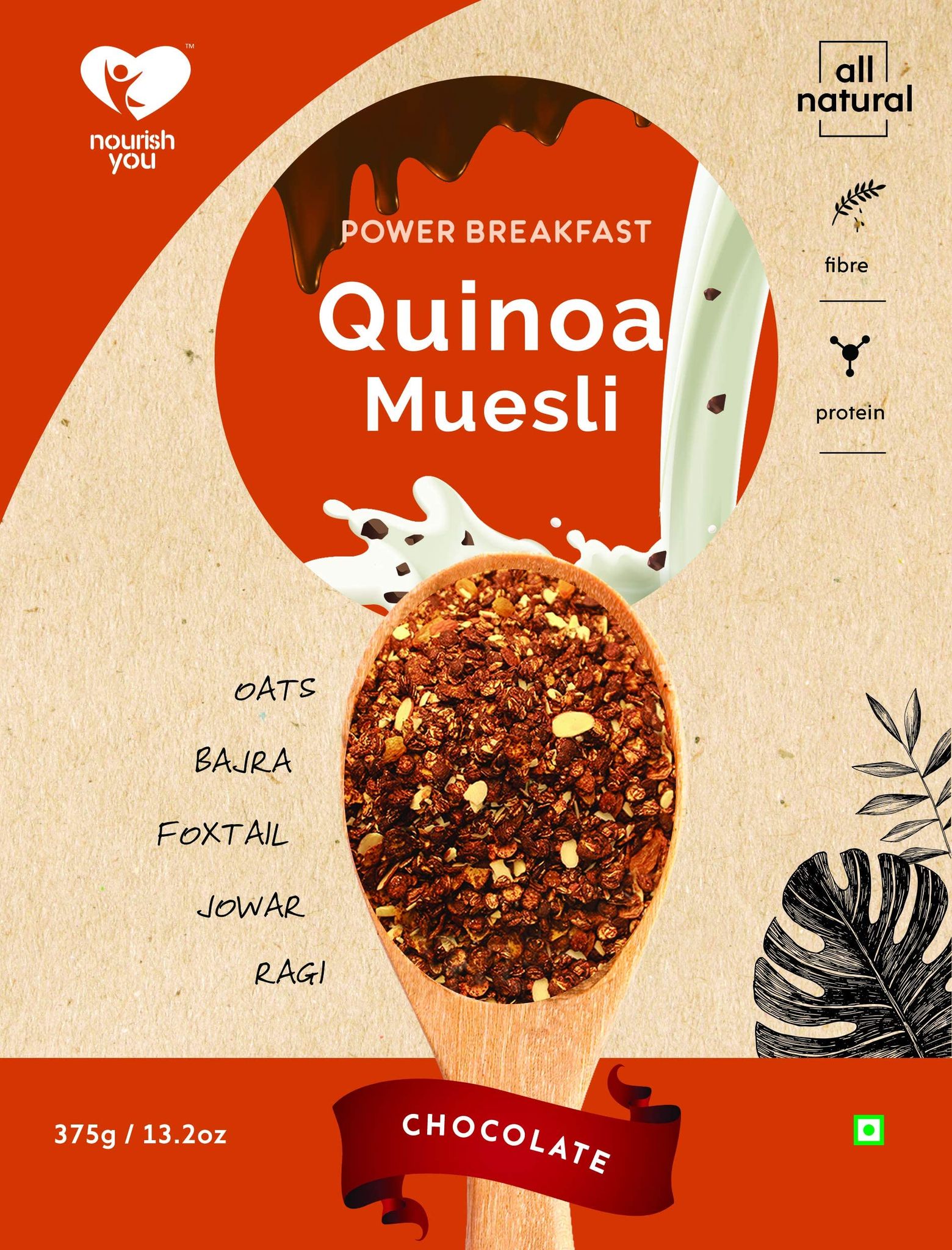 Nourish You Super Muesli, Belgium Dark Chocolate 375G, High Protein Breakfast Cereal With 95% Superfoods, Rich In Fibre No Refined Sugar, Palm, Oil Free 100% Plant Protein, Gluten Free