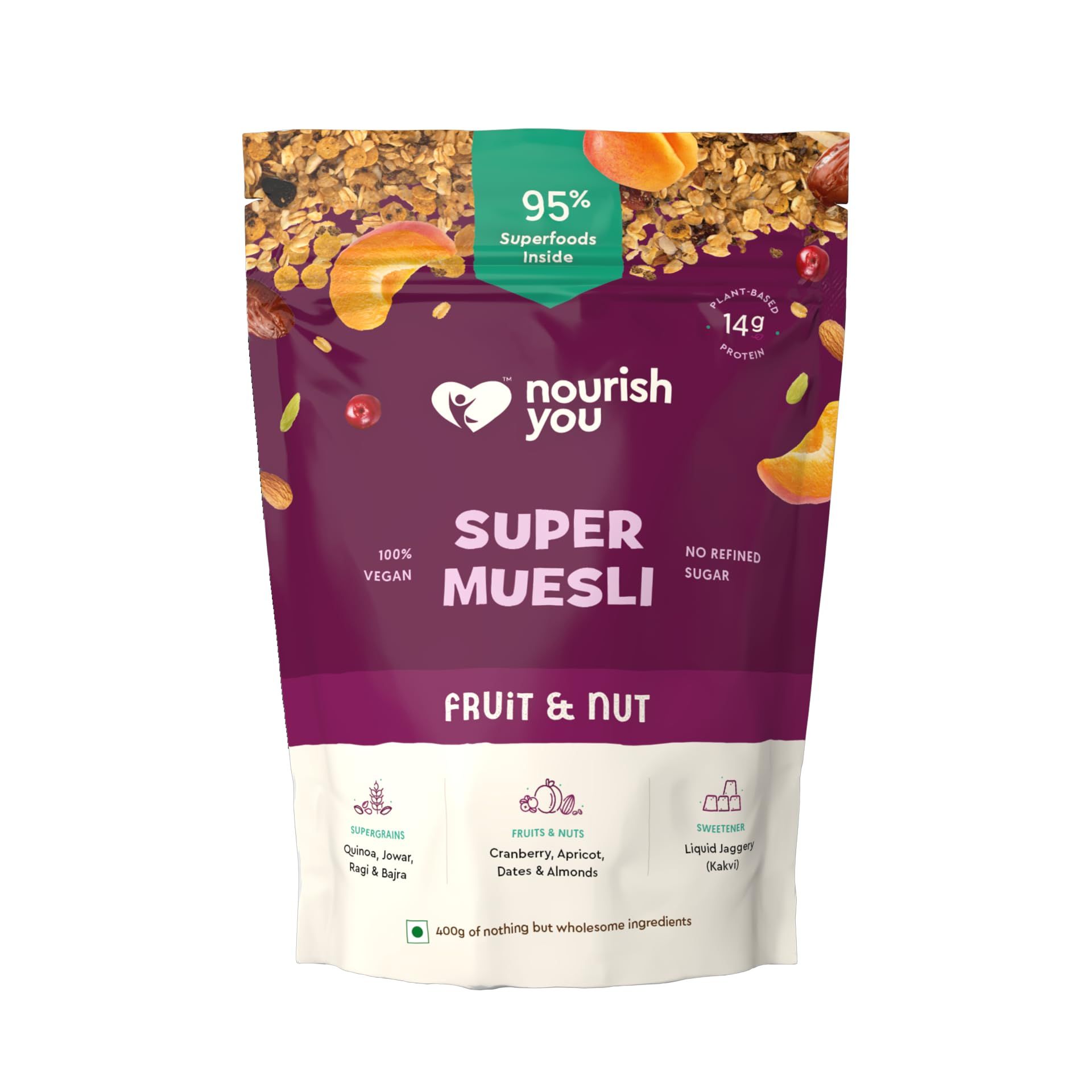 Nourish You Super Muesli, Fruit & Nut Muesli 400G, High Protein Breakfast Cereal With 95% Superfoods, Rich In Fibre No Refined Sugar Palm, Oil Free 100% Plant Protein, Gluten Free