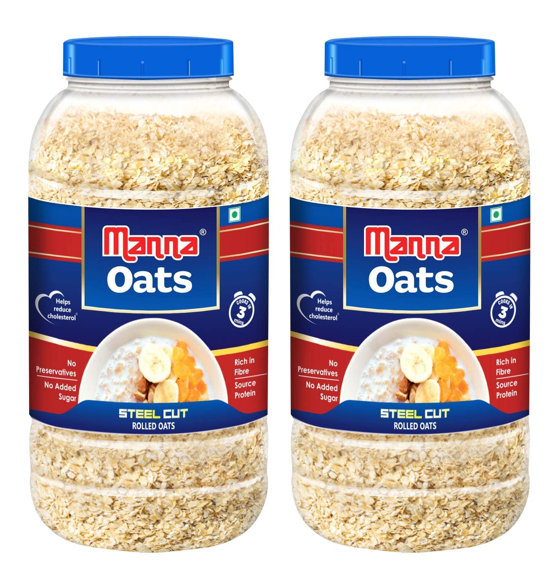 Manna Oats Combo Pack Of 2, Instant Oats 1Kg & Rolled Oats 1Kg, High In Fibre & Protein, Helps Maintain Cholesterol, Diabetic Friendly, 100% Natural
