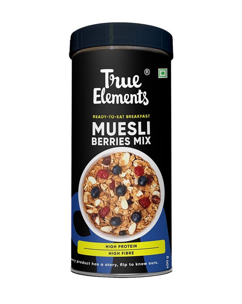 True Elements Muesli Cranberry Blueberry High Fibre Cereal, Breakfast Food, Berries Muesli, 400G