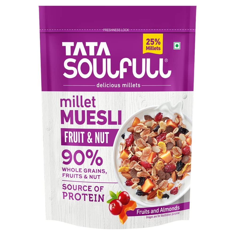 Tata Soulfull Millet Muesli, Fruit & Nut, 25% Crunchy Millets, 90% Whole Grains, Source Of Protein, 500 G