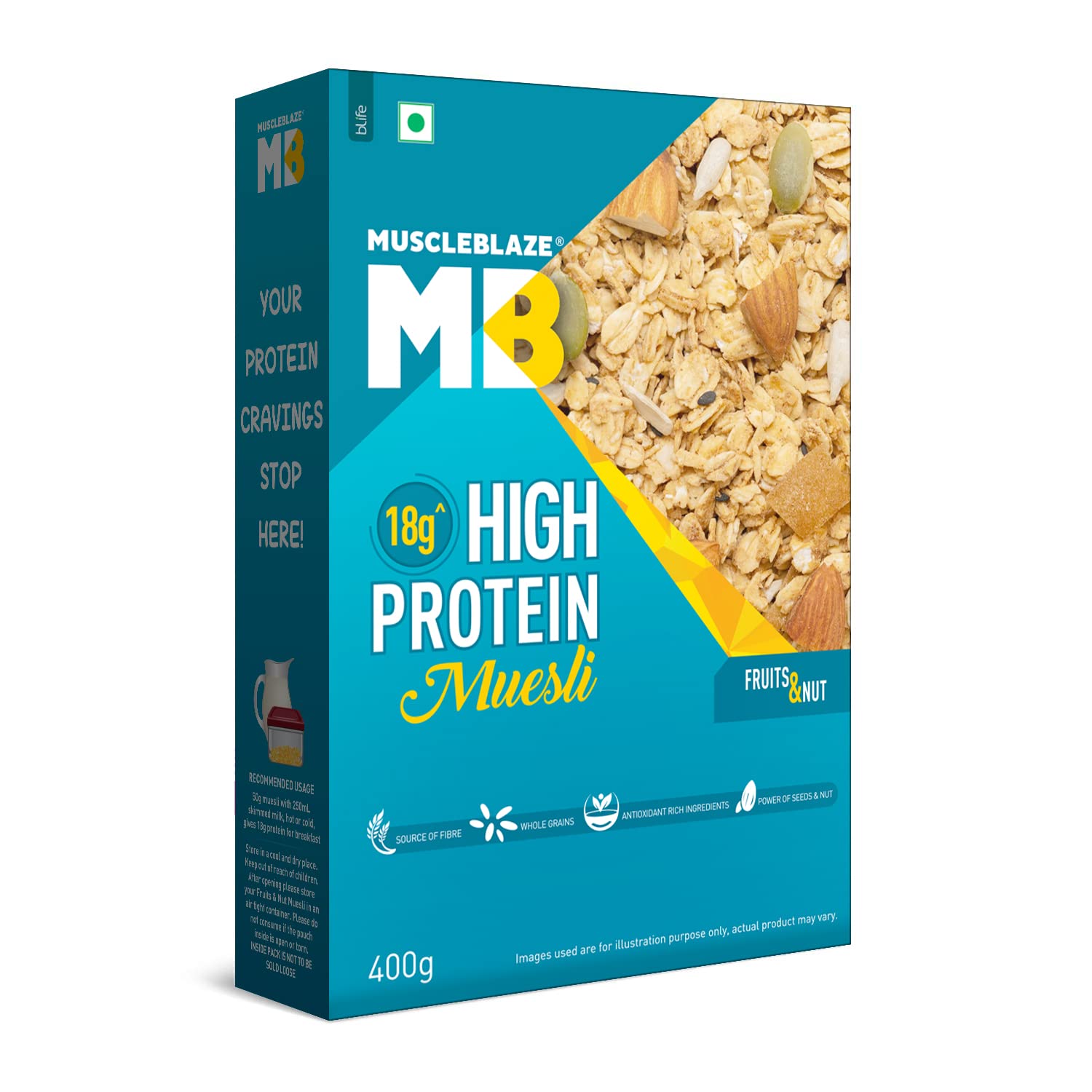 Muscleblaze High Protein Muesli, Fruits & Nut, 18 G Protein, With Superseeds, Raisins & Almonds, Ready To Eat Healthy Snack, 400 G