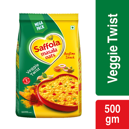 Saffola Masala Oats, Tasty Evening Snack, Fibre Rich, Veggie Twist, 500 G Saffola Masala Oats, Tasty Evening Snack, Fibre Rich, Veggie Twist, 500 G