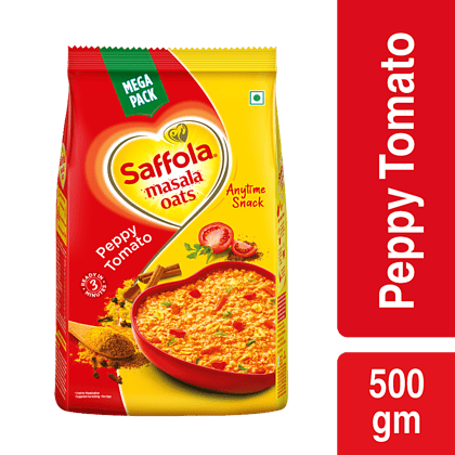 Saffola Masala Oats, Tasty Evening Snack, Fibre Rich, Peppy Tomato, 500 G