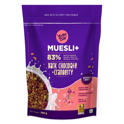 Yogabar Dark Chocolate & Cranberry Muesli, 700G, India's 1St And Tastiest Chocolate Muesli, Breakfast Cereal With 83% Nuts & Seeds, Dried Fruits, & Whole Grains, Vegan & Gluten Free Snack
