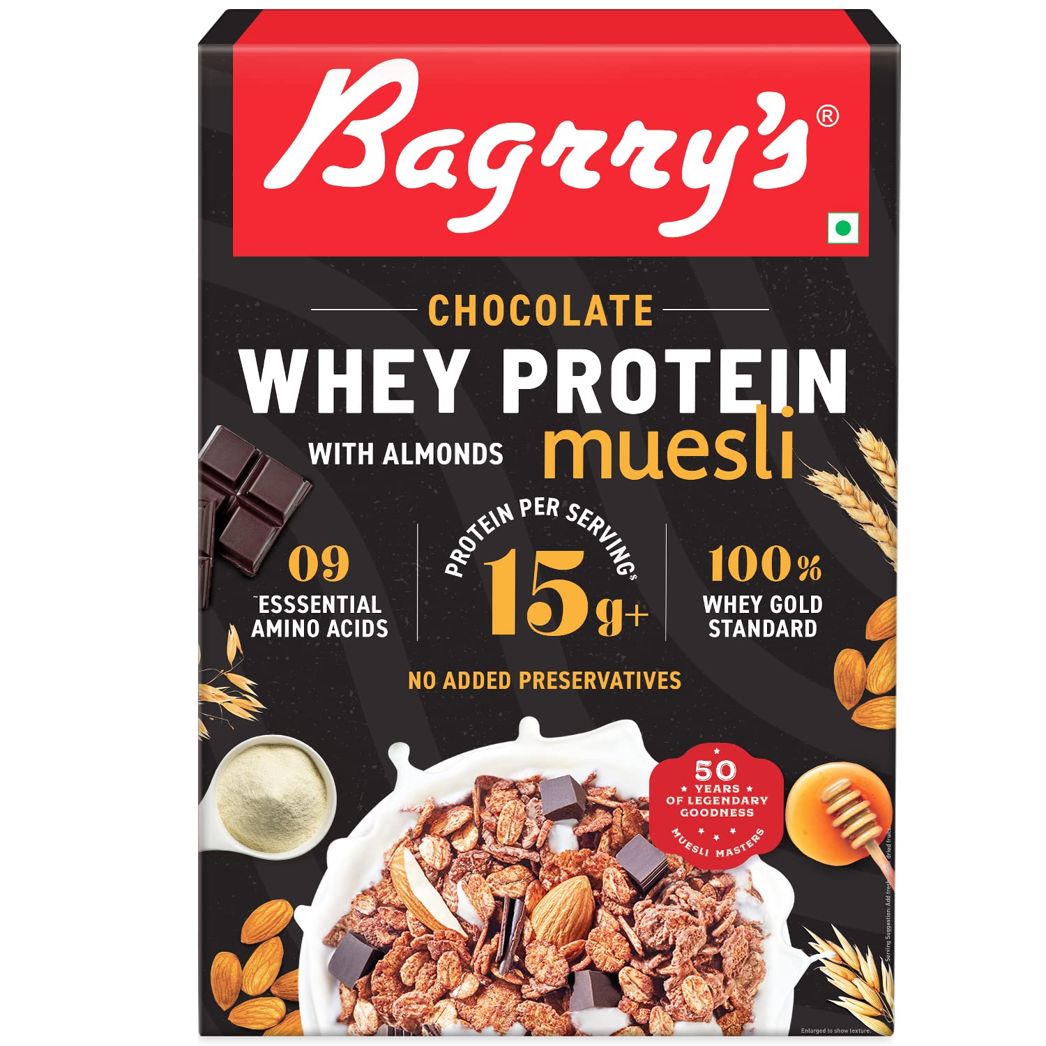 Bagrry's Whey Protein Muesli 500Gm Box, Protein Per Serve 15Gm, Chocolate Flavour, Whole Oats & Californian Almonds