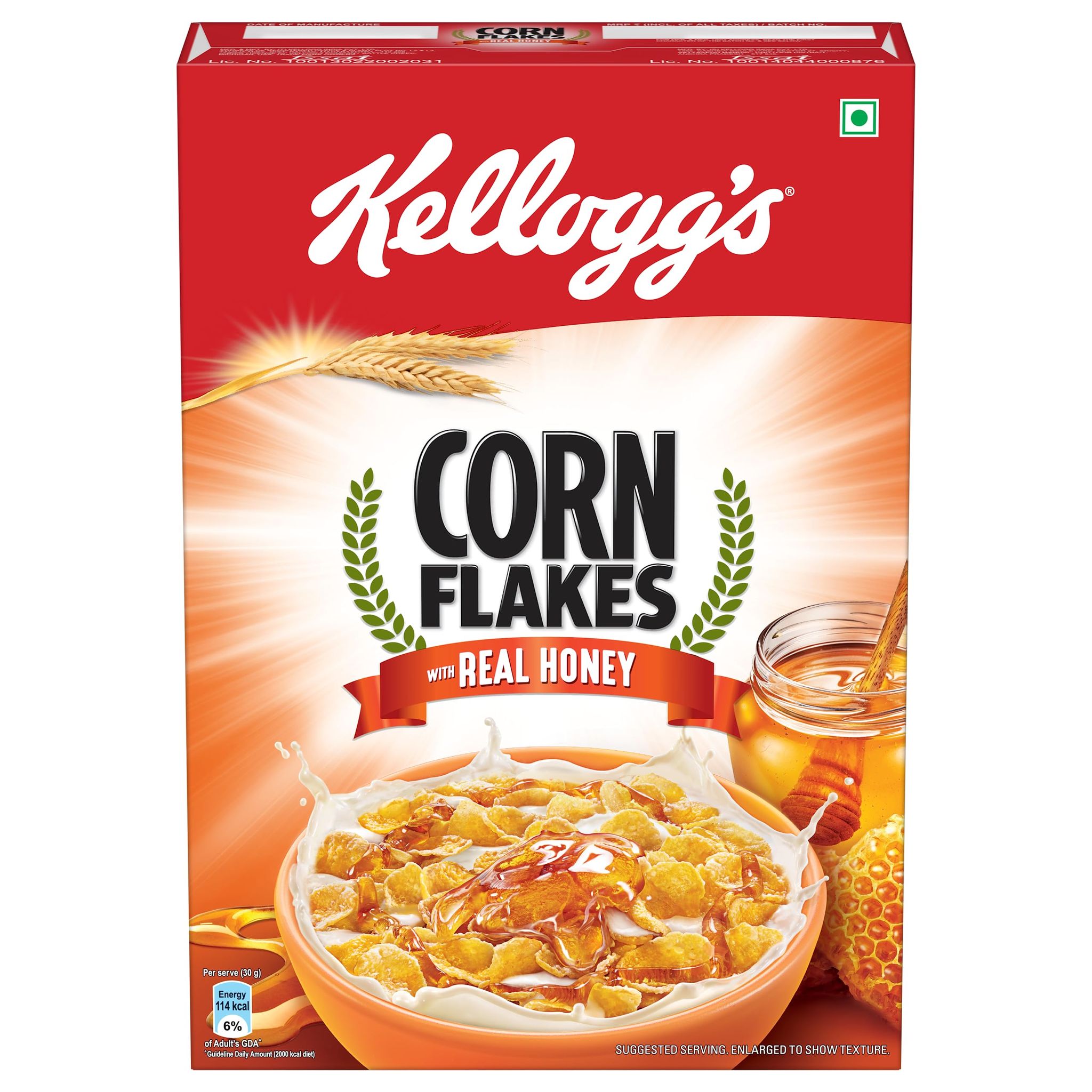 Kellogg's Cornflakes Real Honey, 300G/345G, High In Iron, Vitamin B1, B2, B3, B6 & C, Naturally Cholesterol Free, Corn Flakes, Breakfast Cereal