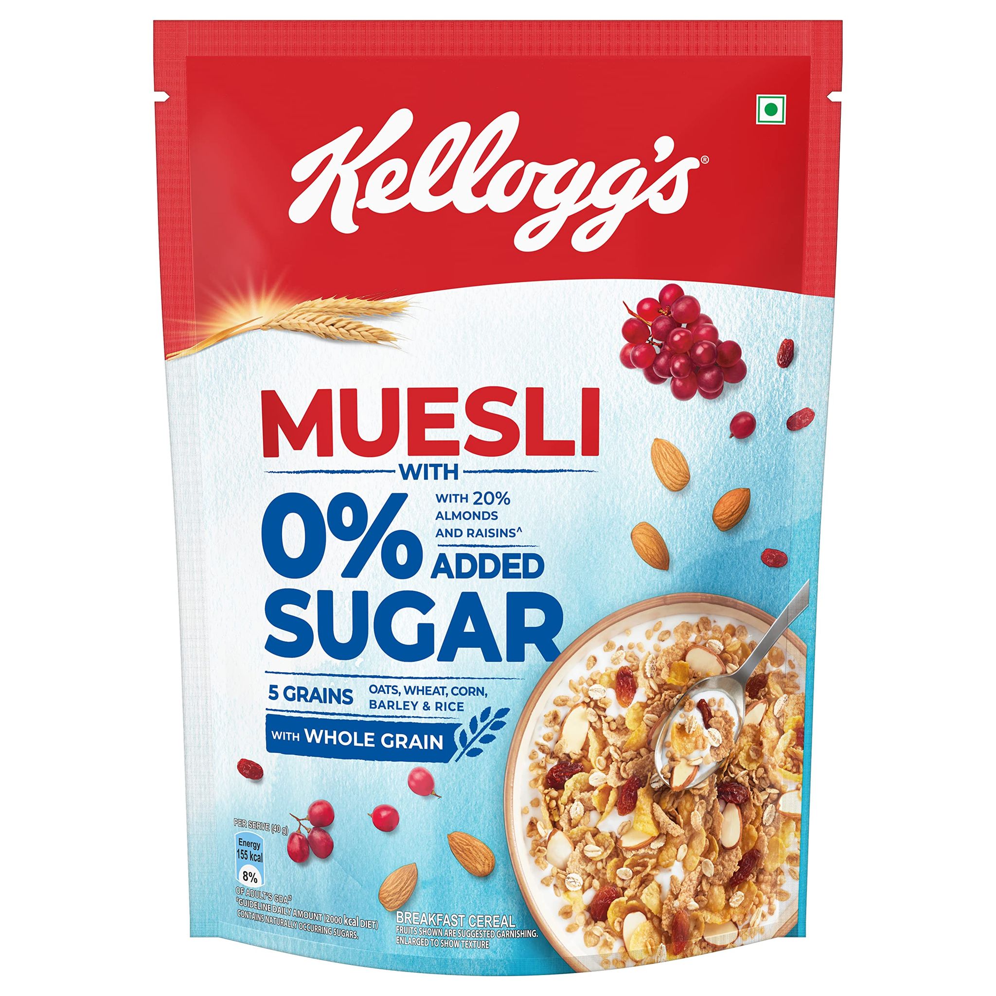 Kellogg's Muesli 0% Added Sugar, 500G, 20% Almonds & Raisins, 5 Grains, High In Vitamins B1, B2, B3, B6, Folate, Source Of Protein And Fibre, Breakfast Cereal