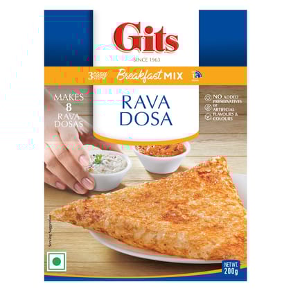 Gits Instant Rava Dosa Breakfast Mix, Makes 8 Per Pack, Pure Veg, South Indian Recipe, 200G