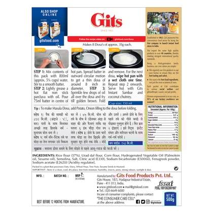 Gits Instant Rice Dosa Breakfast Mix, Makes 20 Per Pack, Pure Veg, South Indian Breakfast Mix, 500G