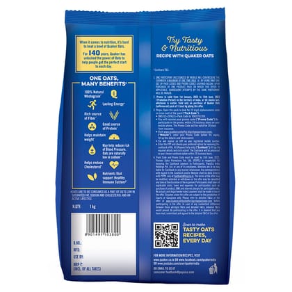 Quaker Oats 1Kg, Rolled Oats Natural Wholegrain, Nutritious Breakfast Cereals, Dalia Porridge, Easy To Cook Quaker Oats 1Kg, Rolled Oats Natural Wholegrain, Nutritious Breakfast Cereals, Dalia Porridge, Easy To Cook