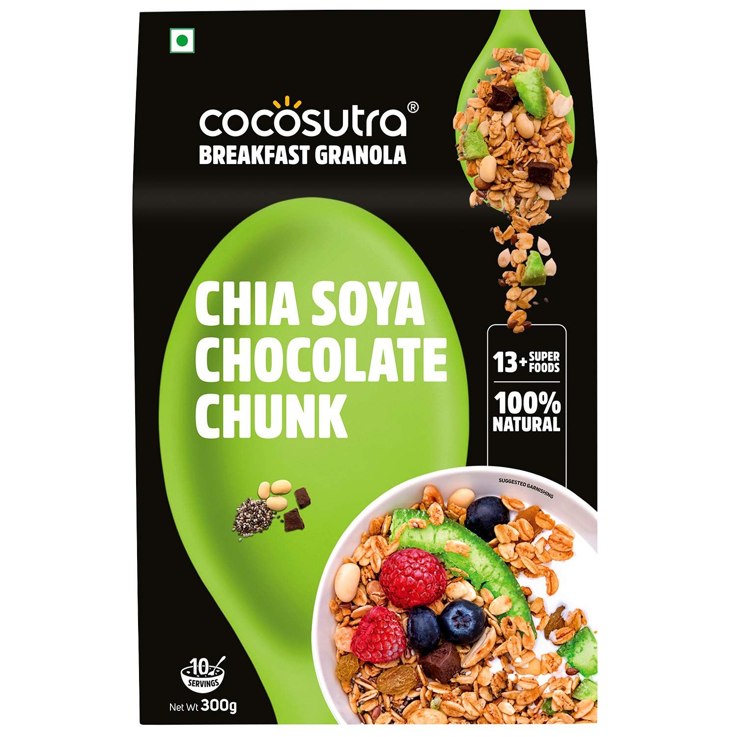 Cocosutra Chia Soya Chocolate Chunk Breakfast Granola, 300 G, 100% Natural, Vegan & Gluten Free, High Protein Cereal With Oats, Nuts, Seeds And Dry Fruits, Lightly Sweetened With Jaggery