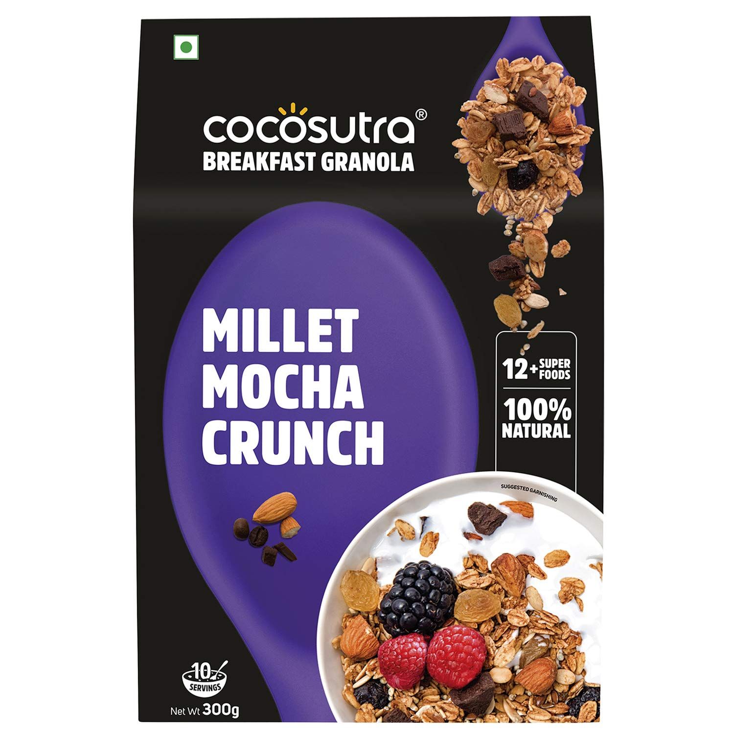 Cocosutra Millet Mocha Crunch Breakfast Granola, 300 G, 100% Natural, Vegan & Gluten Free, High Protein Cereal With Oats, Nuts, Seeds And Dry Fruits, Lightly Sweetened With Jaggery