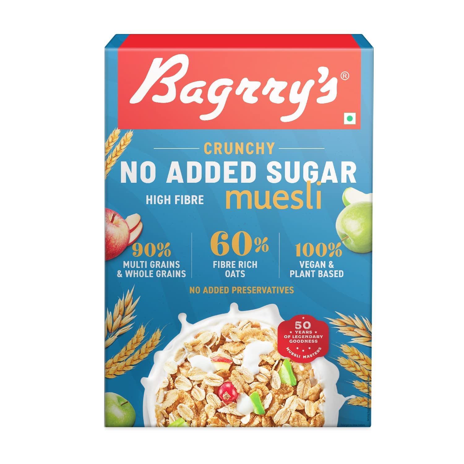 Bagrry's Crunchy Muesli No Added Sugar 0%, 500G Box|90% Multi Grains|60% Fibre Rich Oats With Bran|Whole Grain Breakfast Cereal|Helps Manage Weight|0% Added Sugar|Vegan And Plant Based Muesli