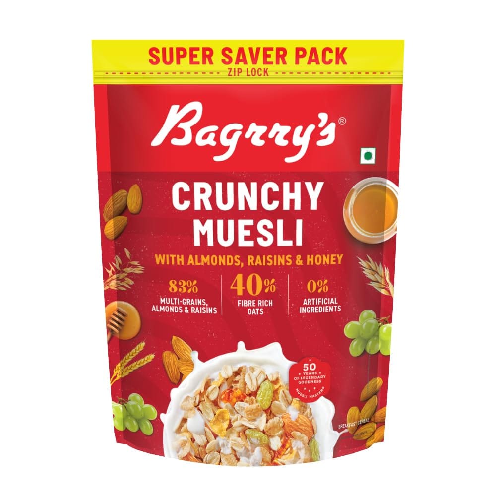 Bagrry's Crunchy Muesli, 750Gm Pouch, 40% Fibre Rich Oats With Bran, 82% Multi Grains, Almonds, Raisins & Honey, Breakfast Cereal, Natural Muesli