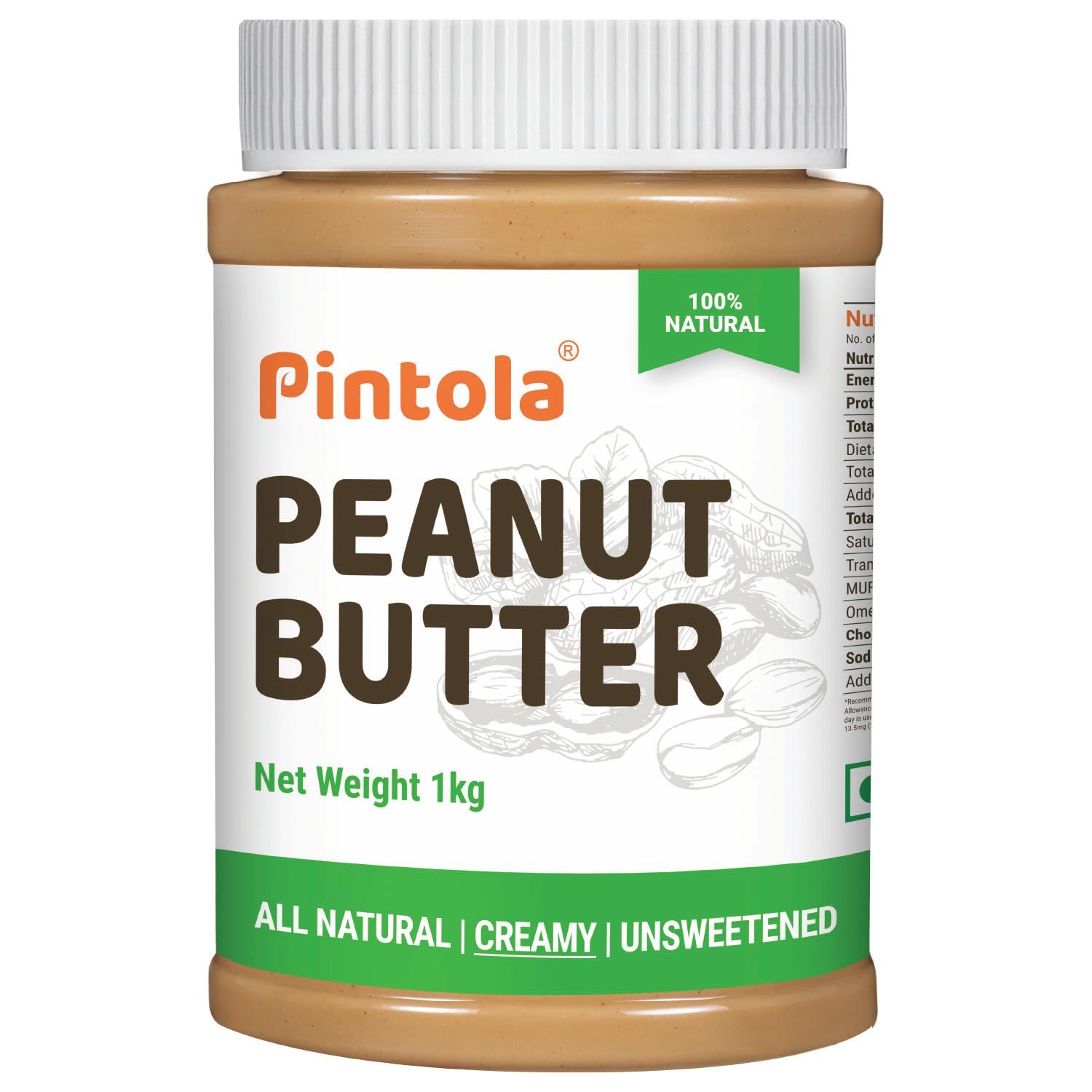 Pintola All Natural Peanut Butter Creamy 1Kg, Smooth, Unsweetened, 30G Protein, Gluten & Cholesterol Free, Vegan Peanut Butter, Nut Butter, High In Protein Spread, 100% Pure Roasted Peanuts Butter