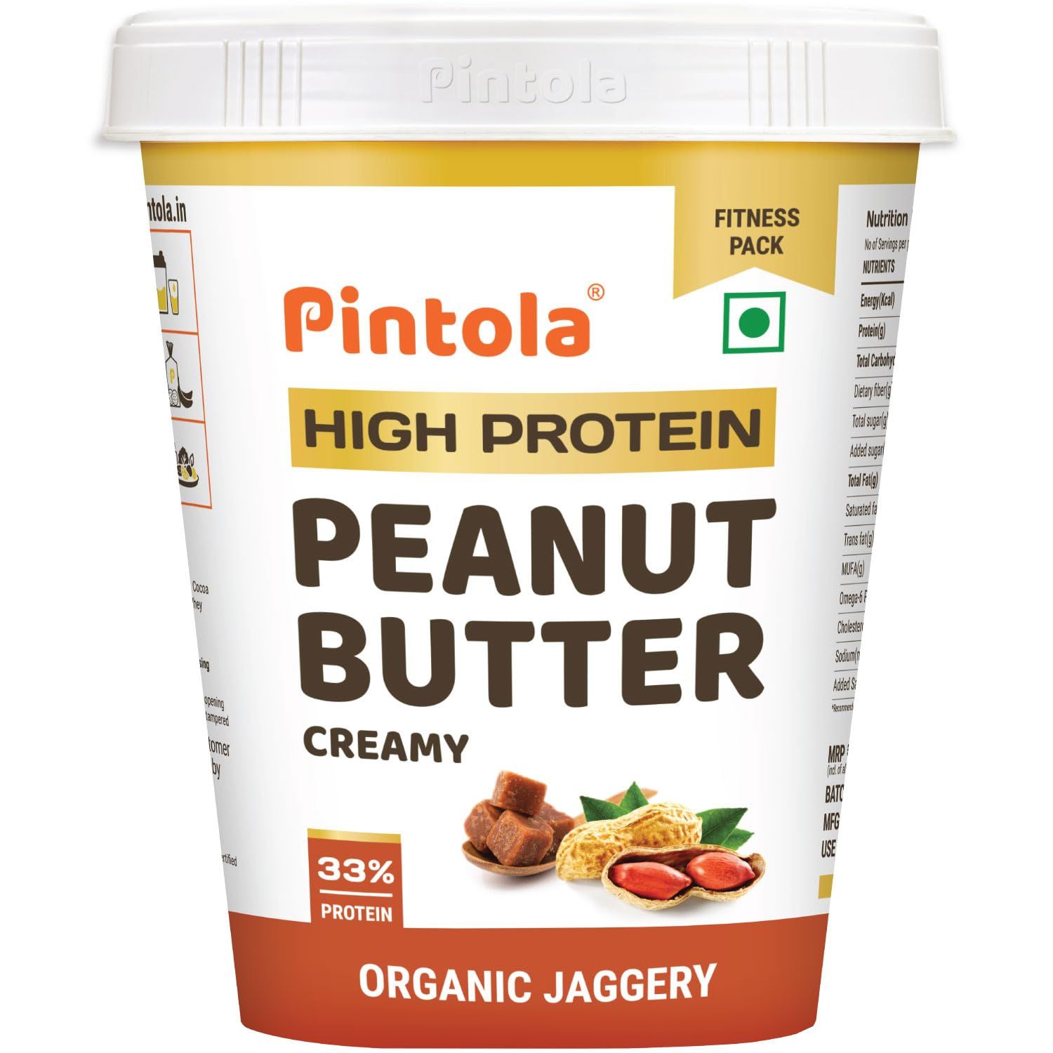 Pintola High Protein Organic Jaggery Peanut Butter Creamy, 510G With 33G Protein & 7G Fiber, Whey Protein Peanut Butter, Vegan Gluten Free, Zero Added Salt, Cholesterol Free, 100% Roasted Peanuts