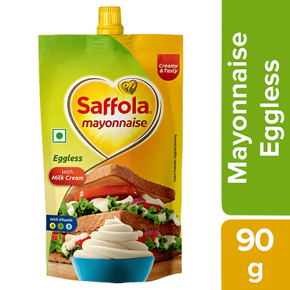 Saffola Mayonnaise Eggless, Extra Creamy & Tasty, Smooth & Thick Texture, 90 G Pouch