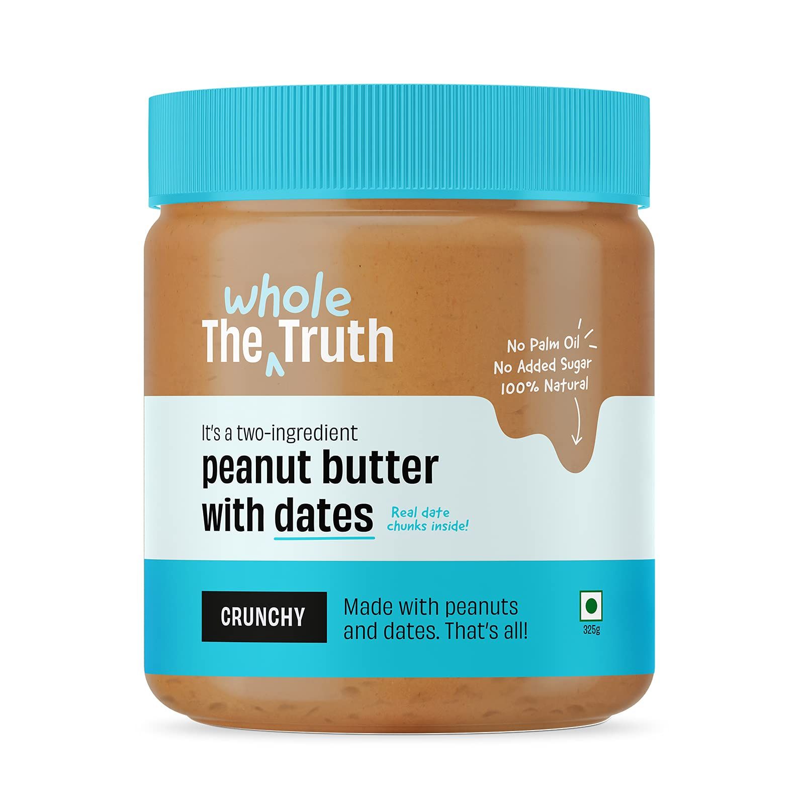 The Whole Truth, Peanut Butter With Dates (Sweetened), 325 G, Crunchy, No Added Sugar, No Artificial Sweeteners, No Palm Oil, Vegan, Gluten Free, No Preservatives, 100% Natural