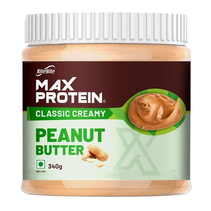 Ritebite Max Protein Peanut Spread, Classic Creamy Peanut Butter, 340 G, High Protein, High Fiber, Gluten Free, Vegan, No Preservatives, All Natural
