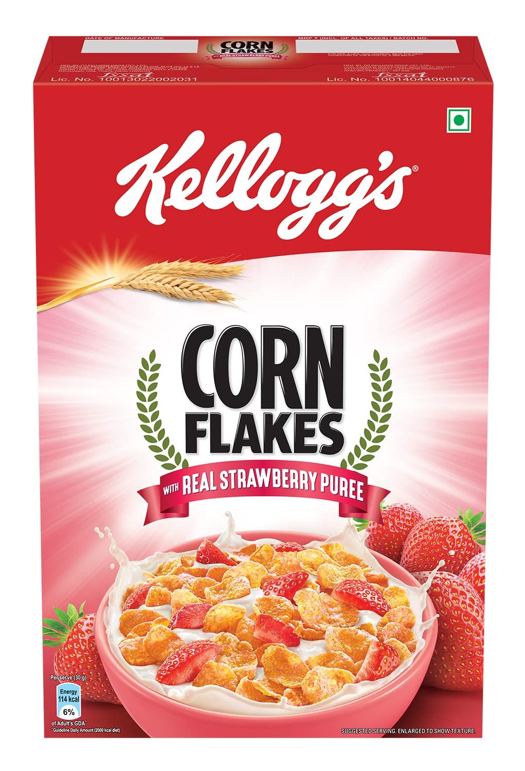 Kellogg's Corn Flakes With Real Strawberry Puree 300G, High In Iron, Vitamins B1, B2, B3, B6, C, Corn Flakes, Breakfast Cereal