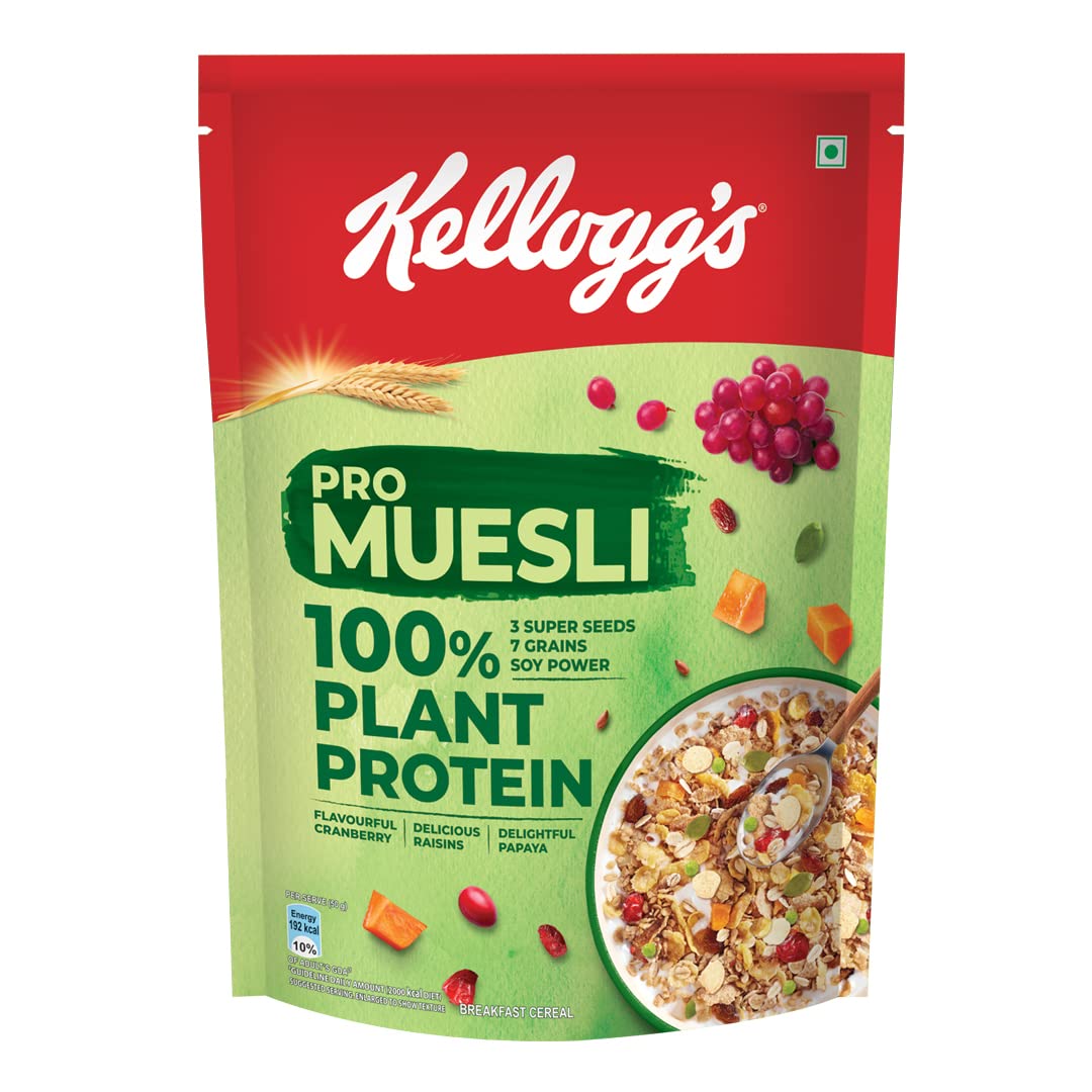 Kellogg's Pro Muesli With 100% Plant Protein, High Protein Breakfast Cereal, 3 Super Seeds, 7 Grains, Soy Power, High In Iron, High In Fibre, 500G