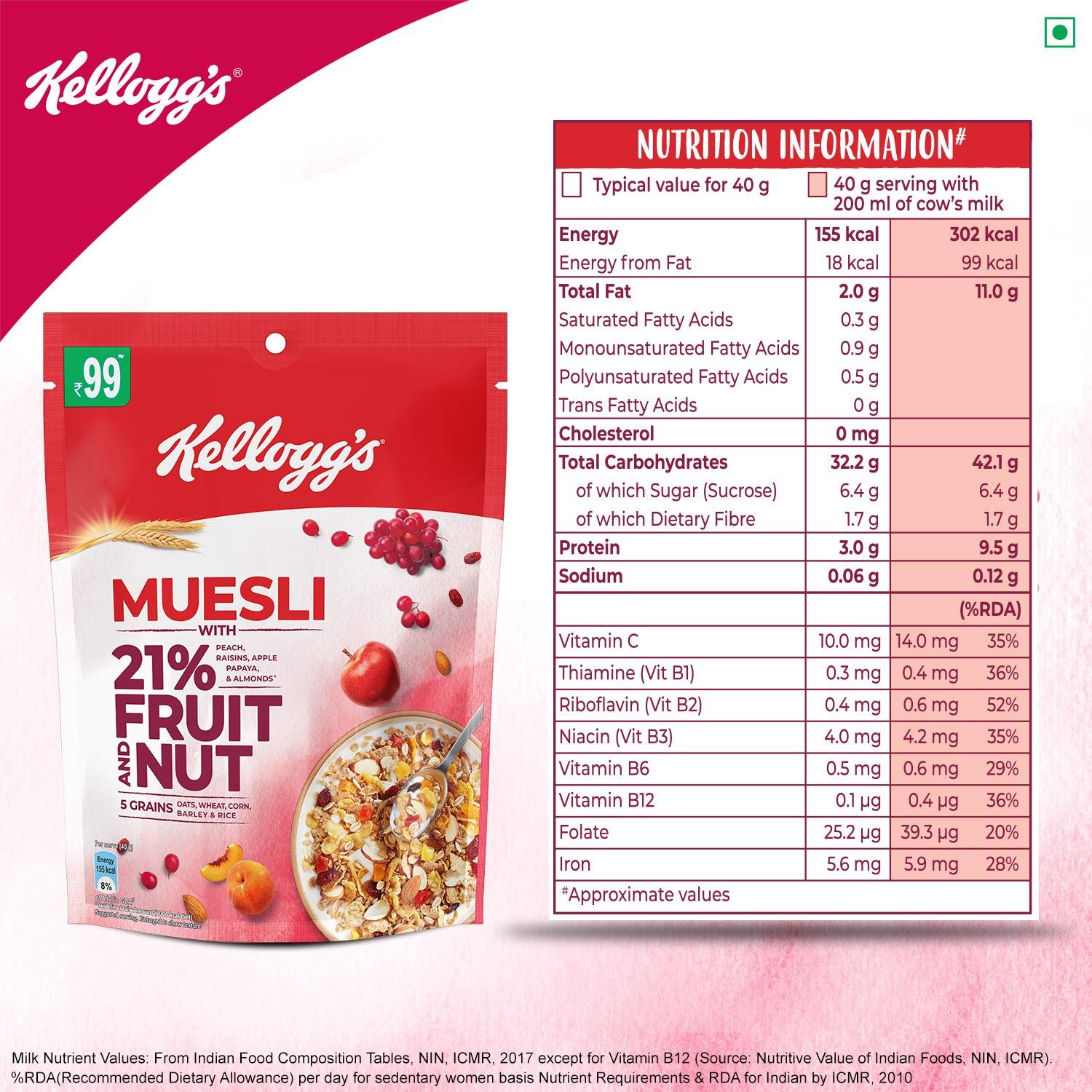 Kellogg's Muesli, Fruit & Nut, 160G