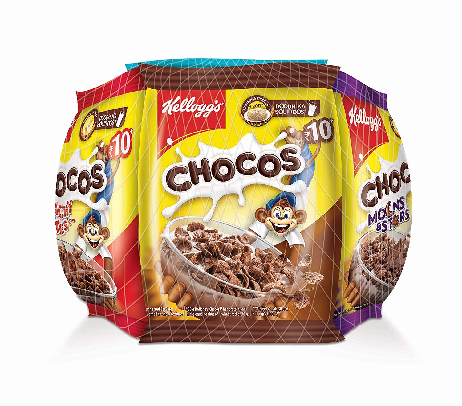 Kellogg's Chocos Variety With Whole Grain, Source Of Calcium, High In Protein, With 10 Essential Vitamins & Minerals, Source Of Fibre, 168G (Pack Of 7)